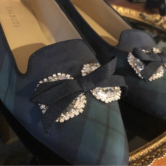 🎁 2 FOR $60 Talbots Blue & Green Plaid Pointed Toe Flats Rhinestone Bow - Picture 13 of 13